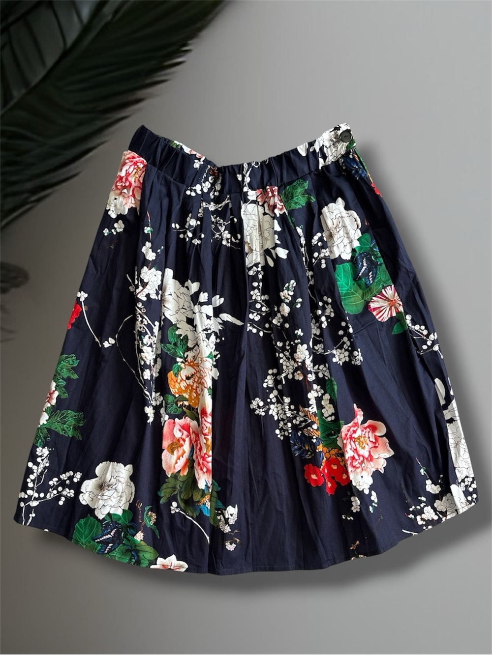 Taydey Floral A-Line Midi Skirt Navy Blue Size Large NWT